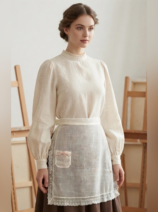 Antique Accessories - Vintage Edwardian Style White Apron with Lace Trim & Ribbon Detail